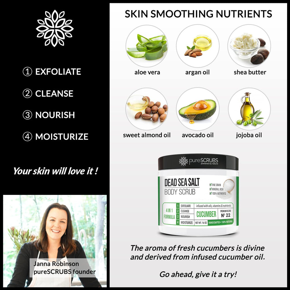 PureSCRUBS cucumber body scrub label emphasizes natural ingredients and premium quality