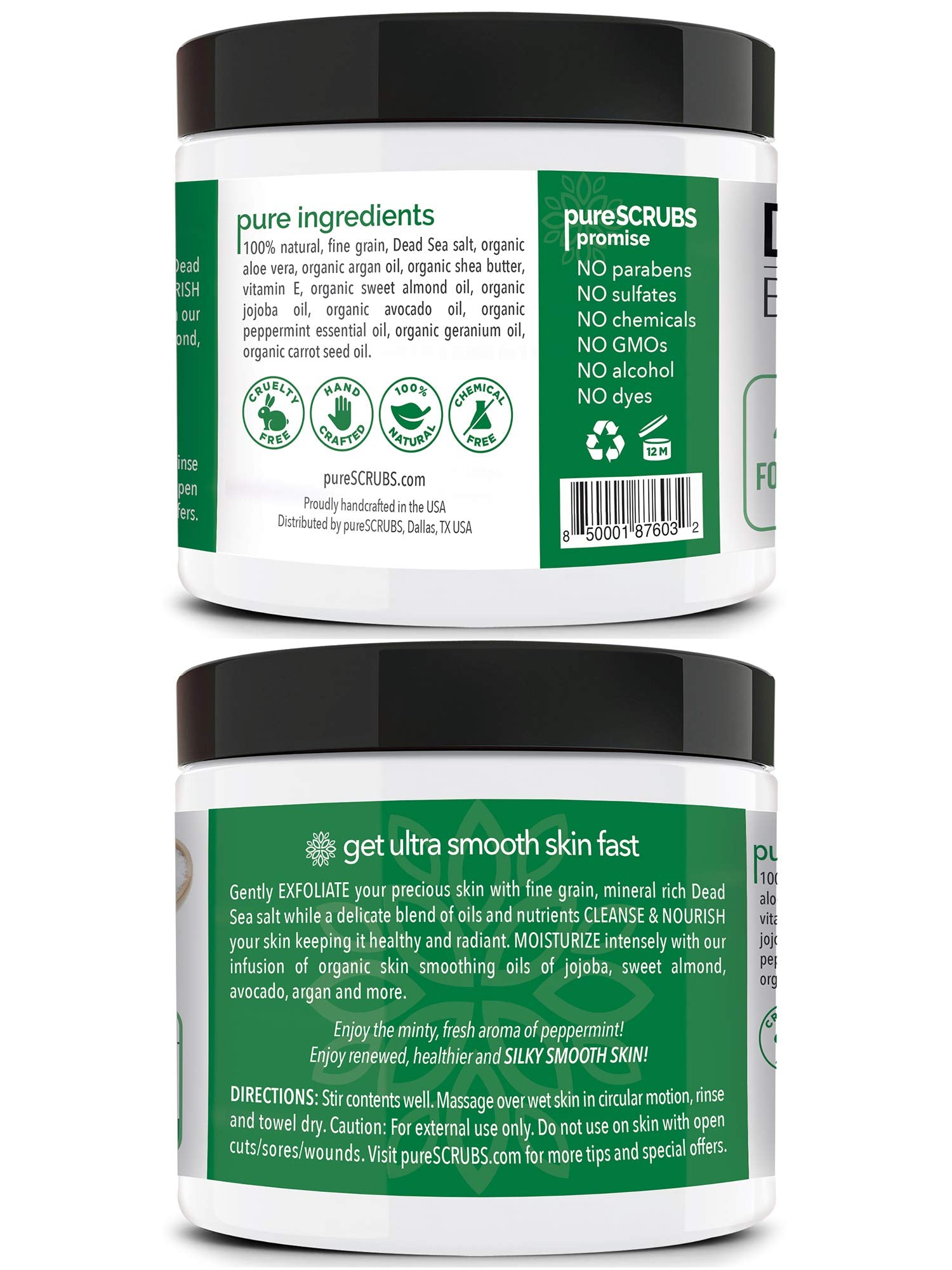 pureSCRUBS Peppermint aroma scrub jar closeup highlighting refreshing scent and cleansing feel.