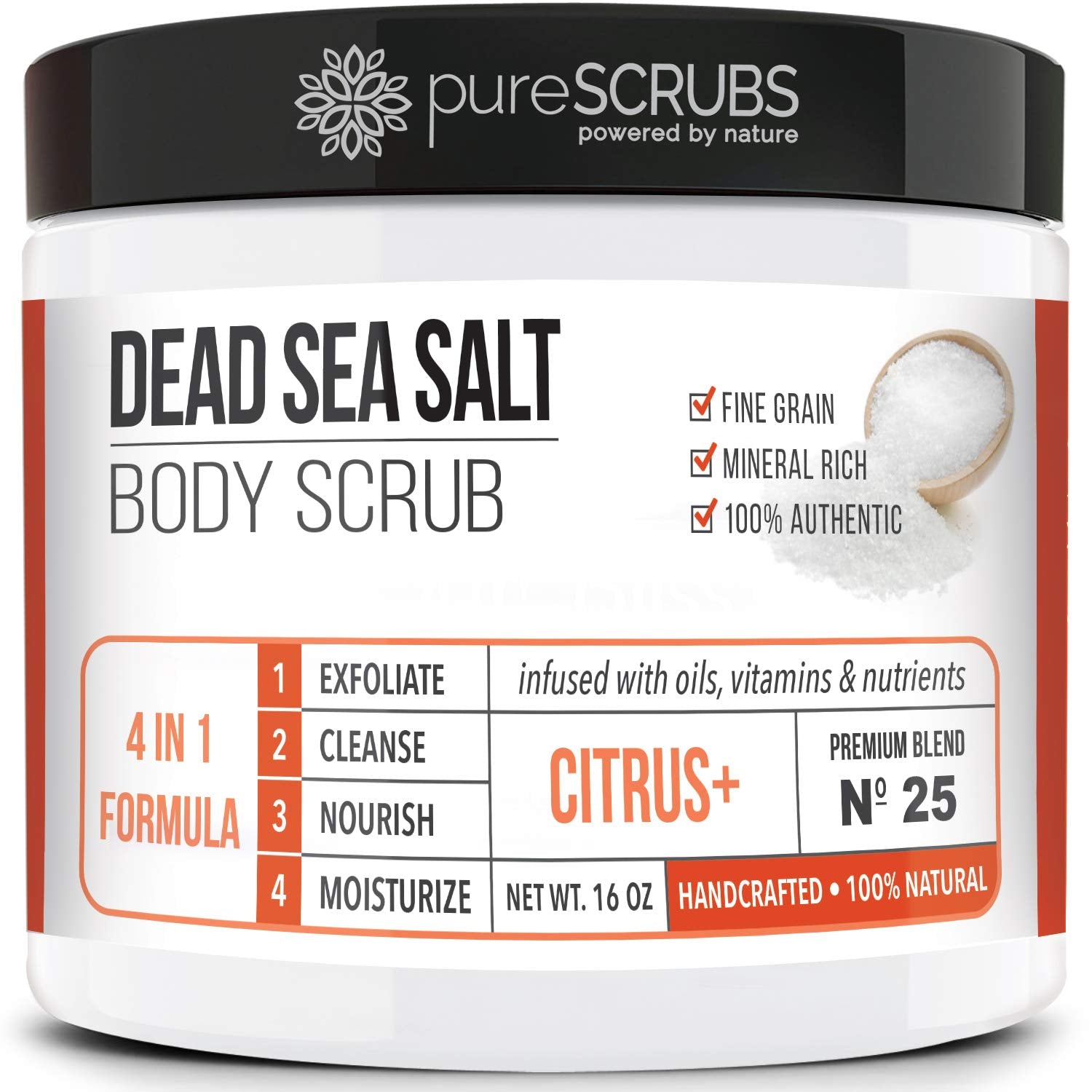 pureSCRUBS citrus body scrub jar with Dead Sea salt for ultra-smooth skin