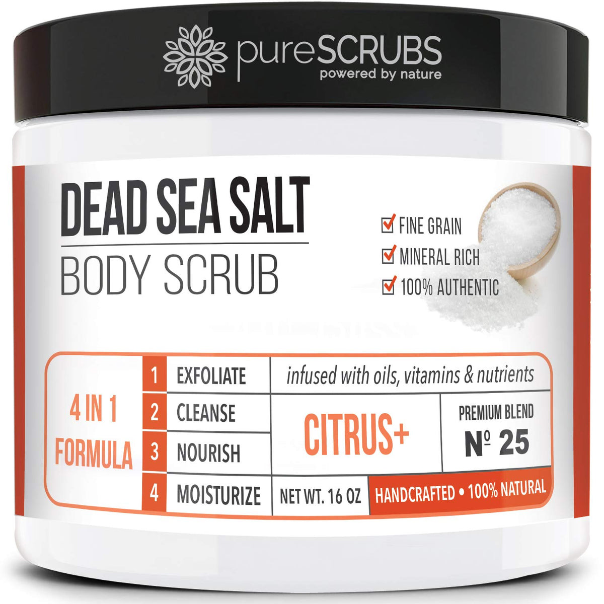 pureSCRUBS citrus body scrub jar with Dead Sea salt for ultra-smooth skin