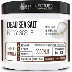 pureSCRUBS Premium Coconut Body Scrub Jar — smooth skin with Dead Sea salt exfoliation.