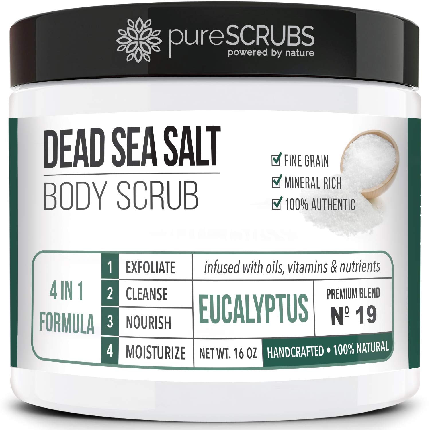 PureSCRUBS eucalyptus scrub jar close-up showing rich texture for smooth skin prep.