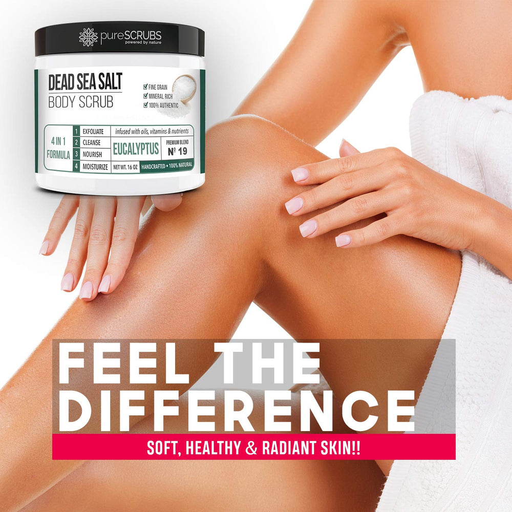 PureSCRUBS eucalyptus texture close-up highlights Dead Sea salt for even exfoliation.
