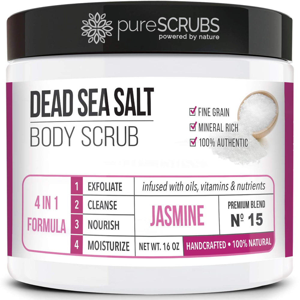 PureSCRUBS premium jasmine body scrub jar shows radiant skin potential