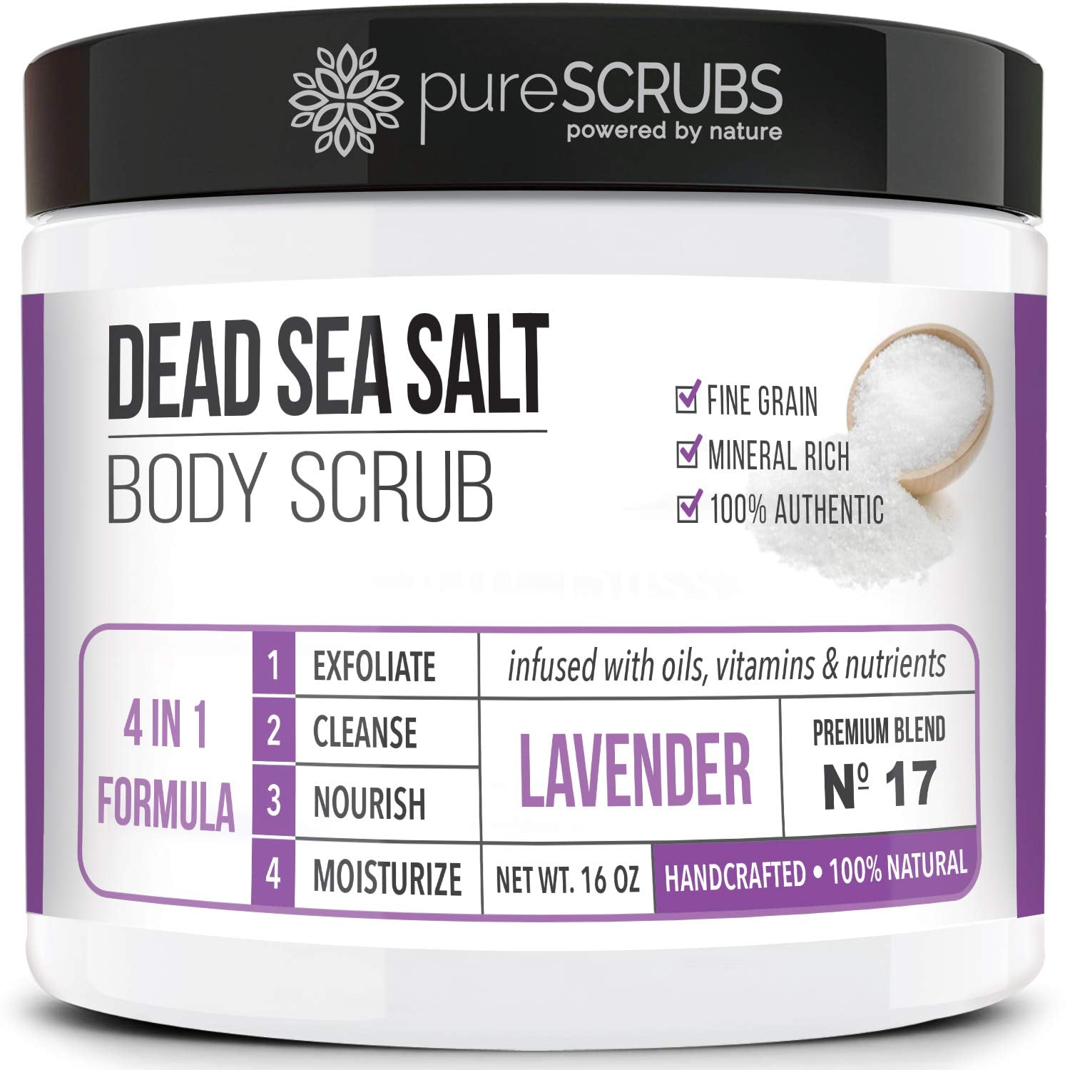 PureSCRUBS premium lavender body scrub 16oz jar highlighting smooth texture for radiant skin