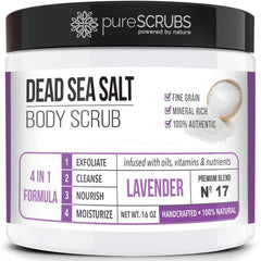 PureSCRUBS premium lavender body scrub 16oz jar highlighting smooth texture for radiant skin