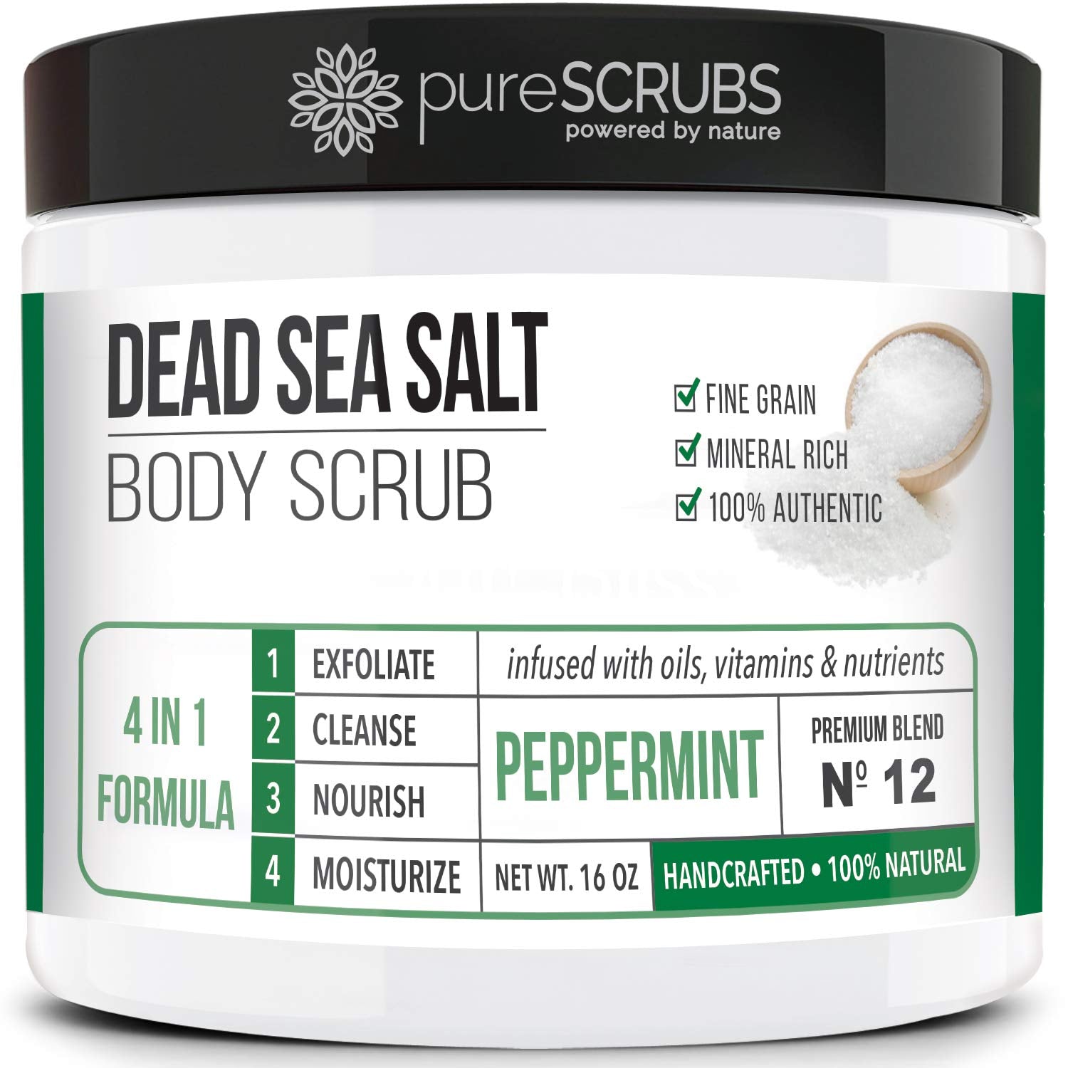 pureSCRUBS Premium Sea Salt Scrub 16oz jar with potential smoothing texture.
