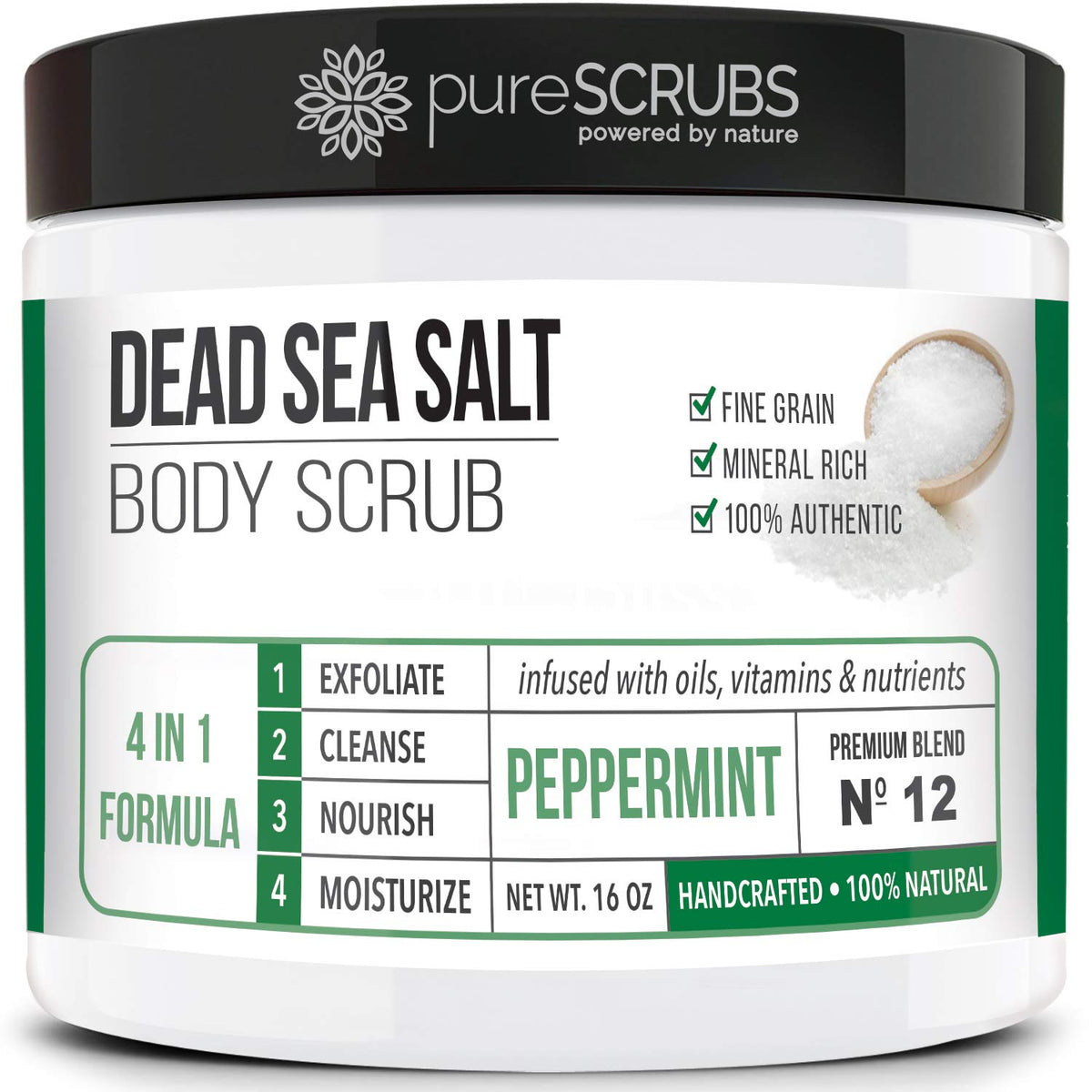 pureSCRUBS Premium Sea Salt Scrub 16oz jar with potential smoothing texture.
