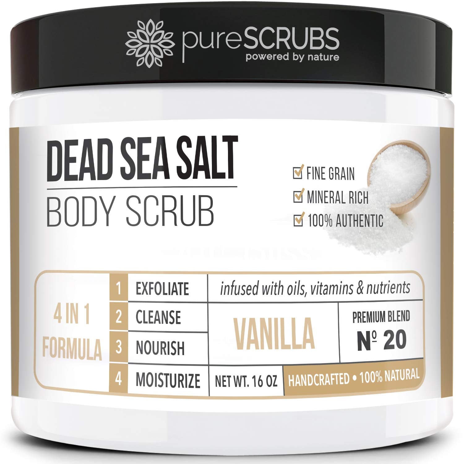 PureSCRUBS premium vanilla body scrub jar for smooth radiant skin