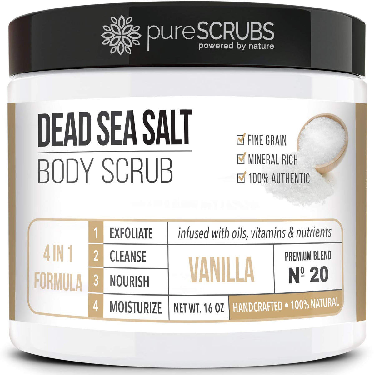 PureSCRUBS premium vanilla body scrub jar for smooth radiant skin