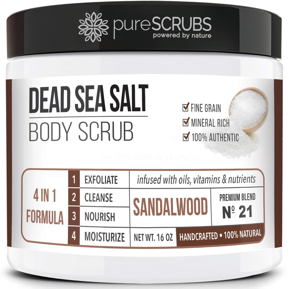 pureSCRUBS sandalwood body scrub 16oz jar closeup for silky, smooth skin.