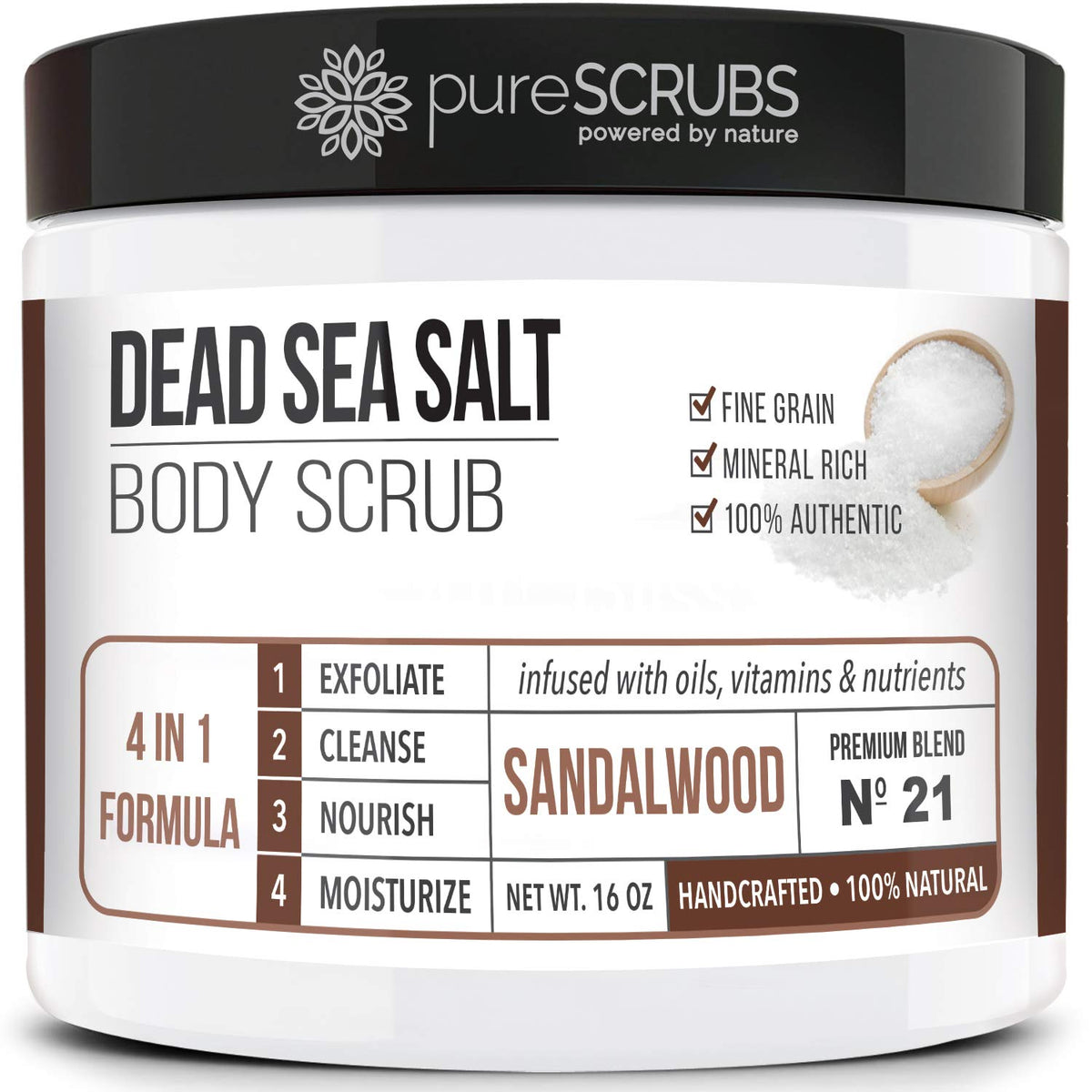 pureSCRUBS sandalwood body scrub 16oz jar closeup for silky, smooth skin.
