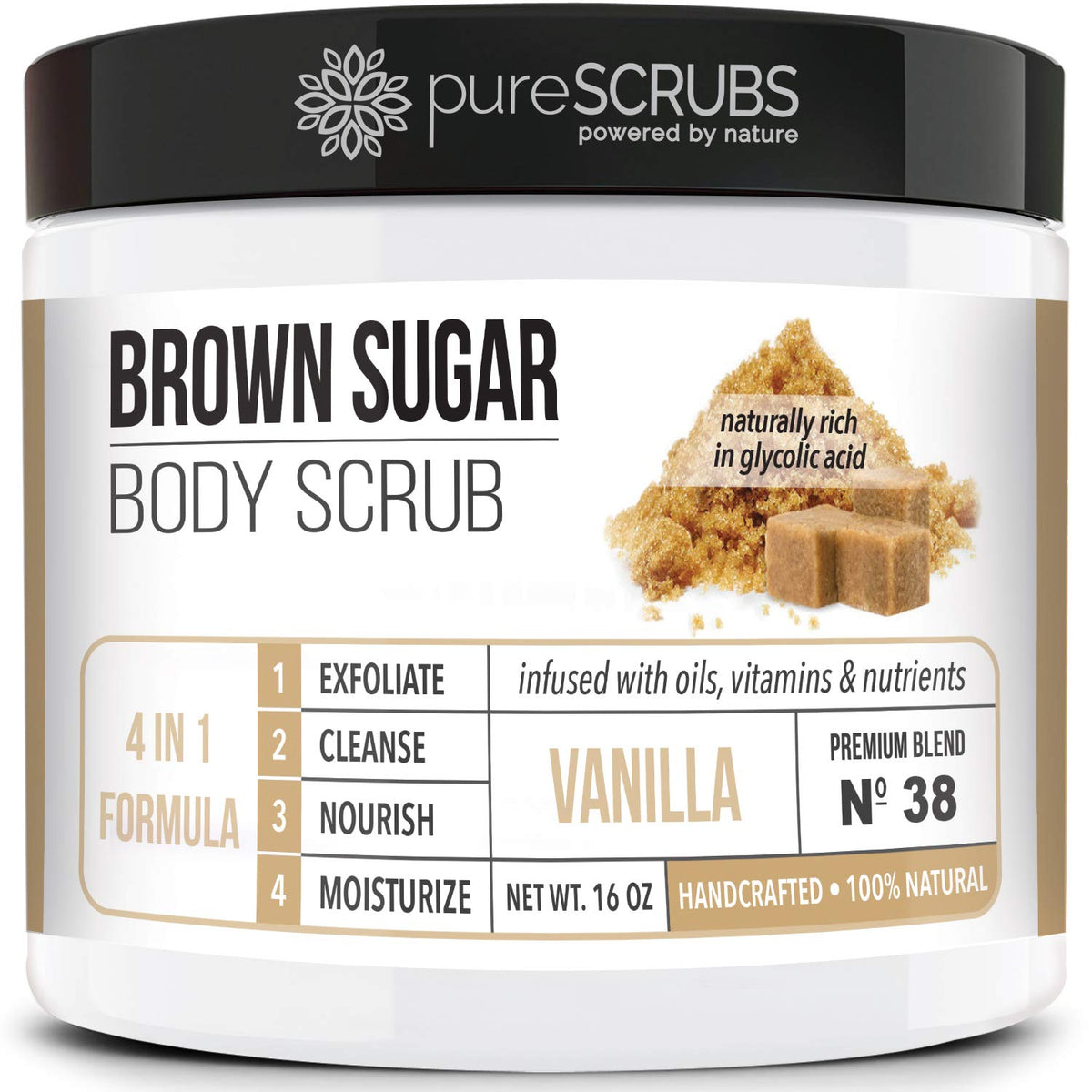 pureSCRUBS vanilla sugar scrub jar closeup shows rich texture for smooth, glowing skin