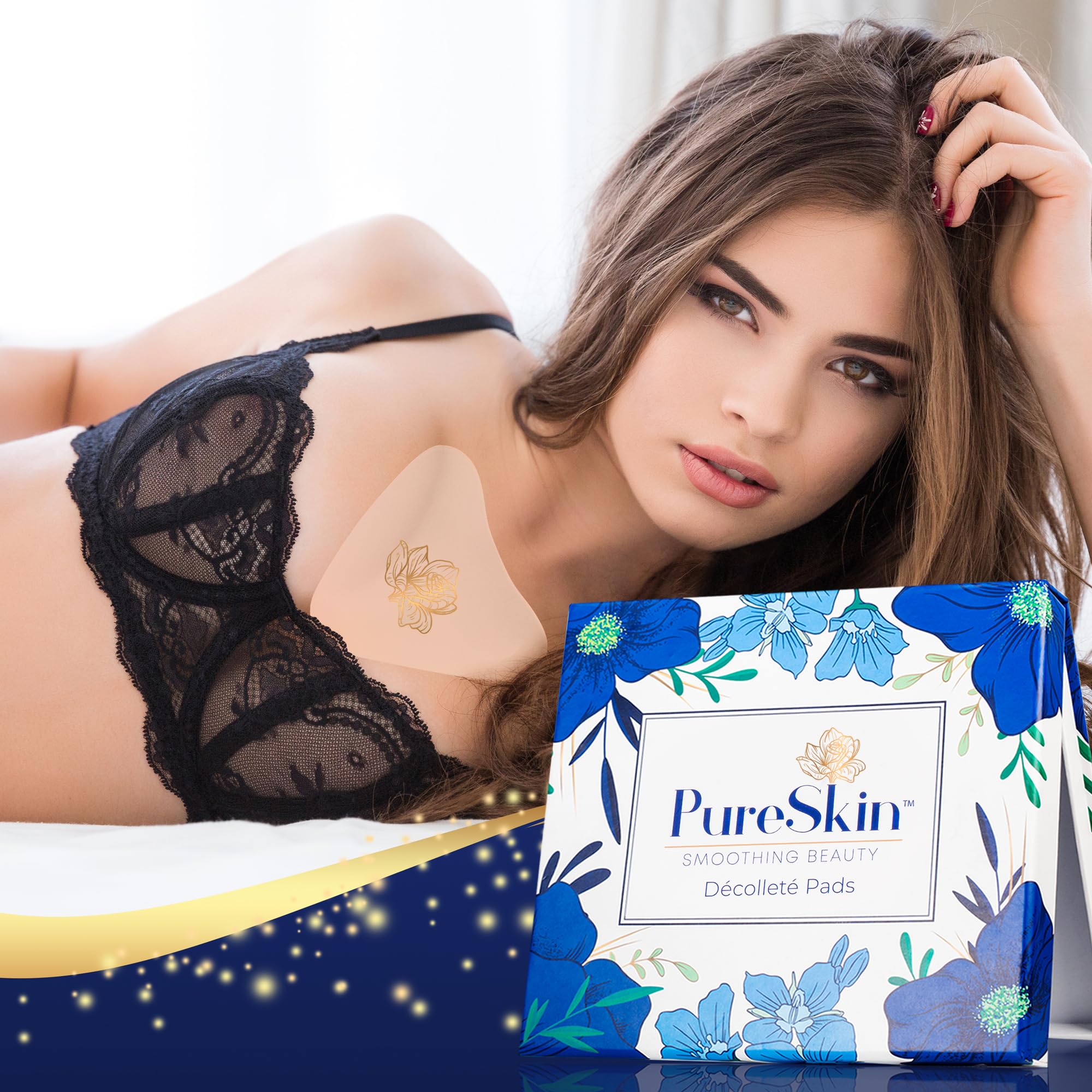 PureSkin Chest Wrinkle Pads on décolletage area showing gentle overnight adhesion