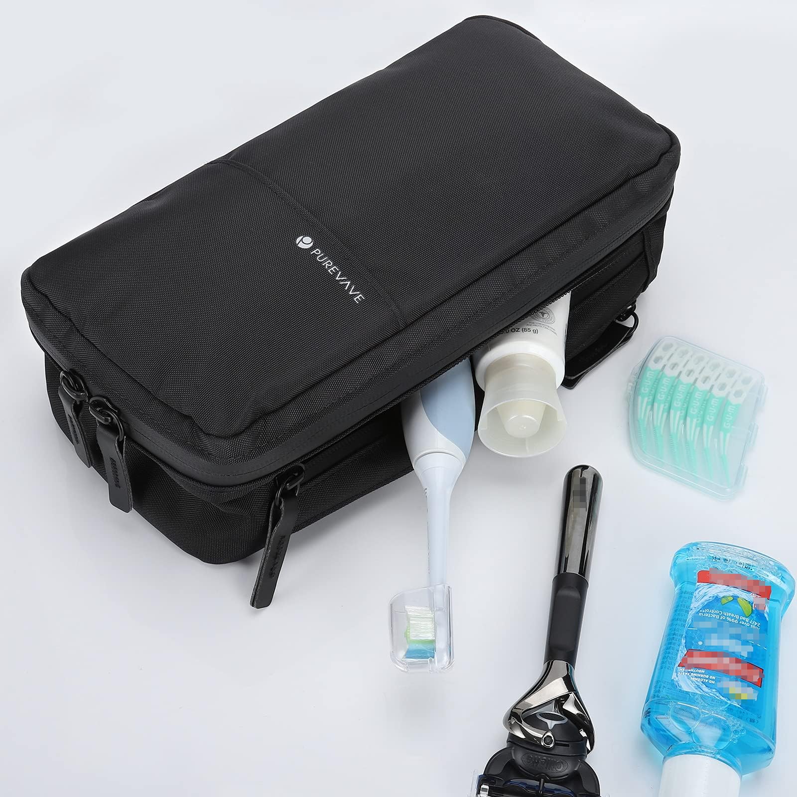 Purevave compact mens toiletry bag on dresser ready for weekend trips