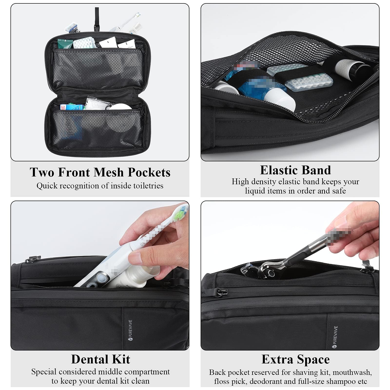 Purevave compact mens toiletry bag zipper close-up highlighting waterproof zippers