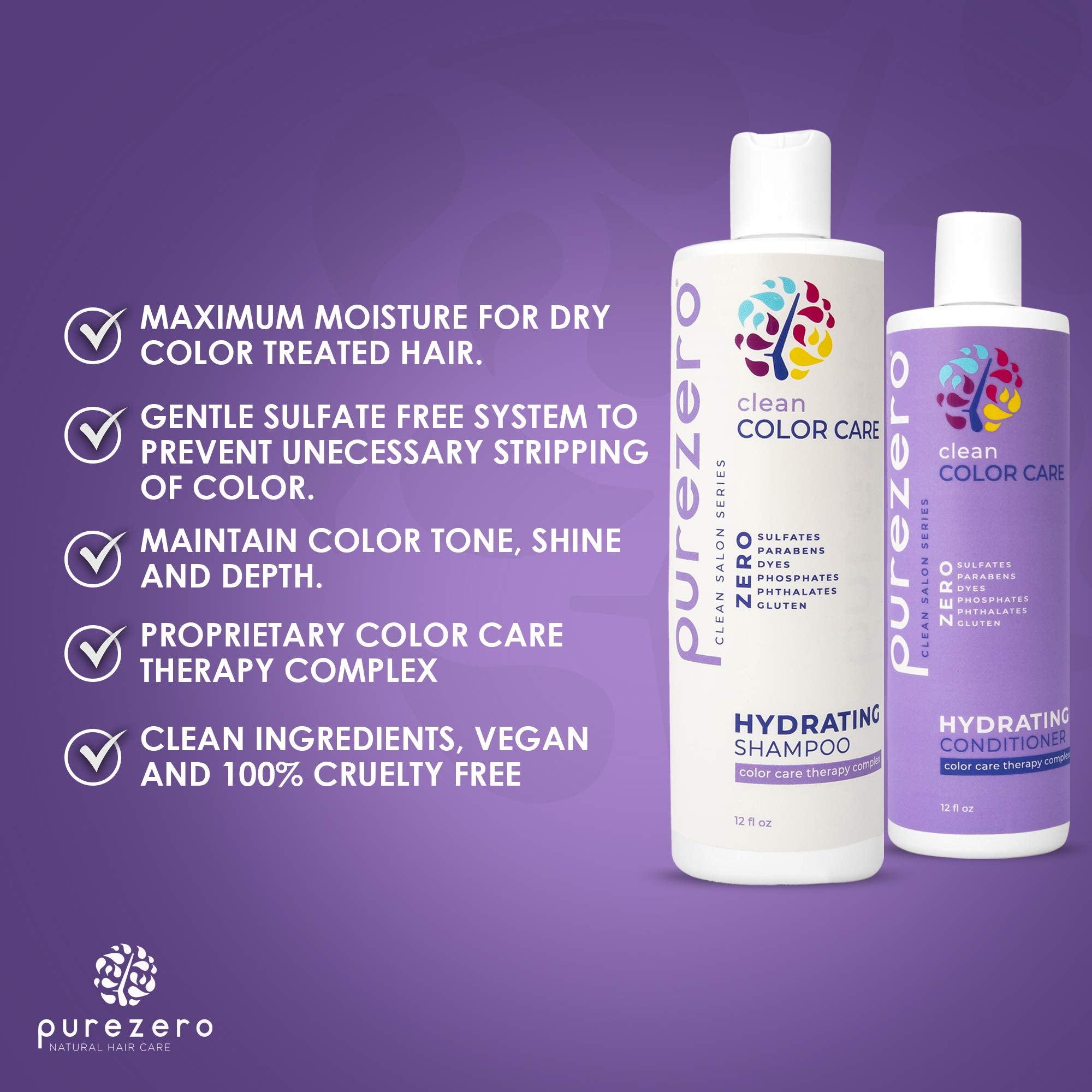 Purezero Clean Color Care Conditioner bottle emphasizes moisture and color preservation.