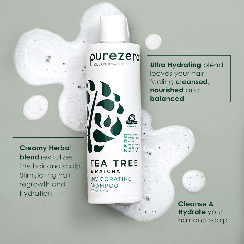 Purezero Tea Tree & Matcha Conditioner bottle shows nourishing scalp moisture.