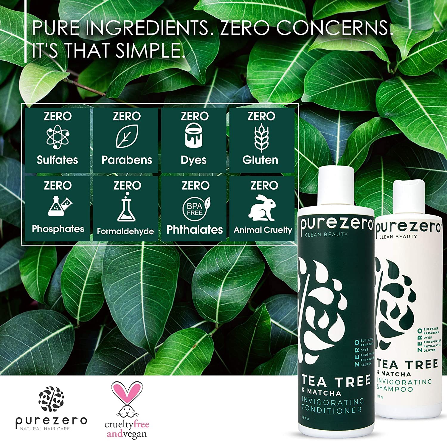 Purezero Tea Tree & Matcha conditioner bottle, hydrating routine.
