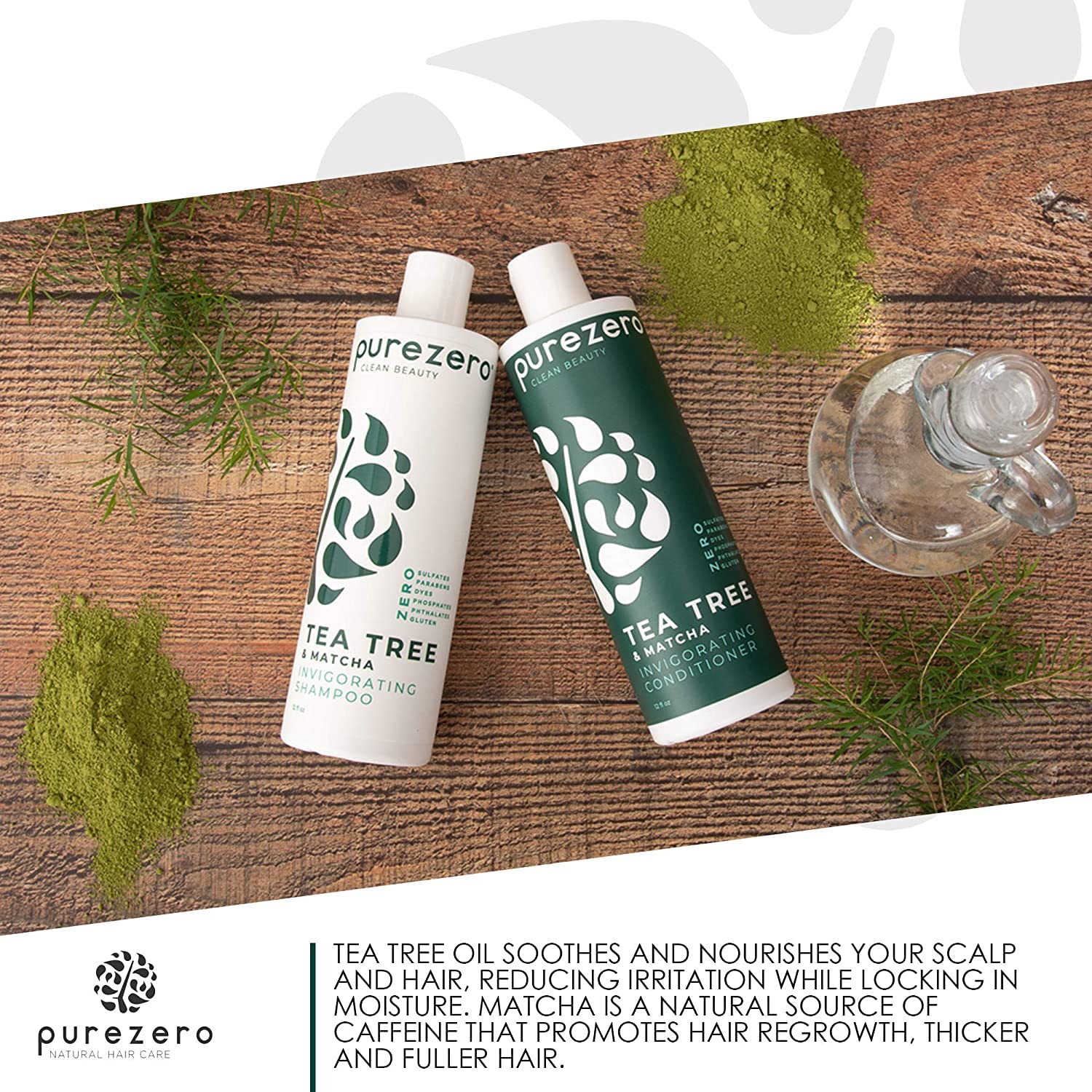 Purezero Tea Tree & Matcha conditioner close-up, nourishing cream texture.