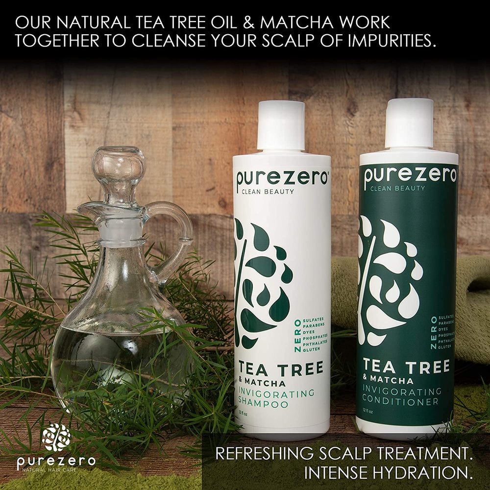 Purezero Tea Tree & Matcha scalp-care scene, energizing cleanse vibe.