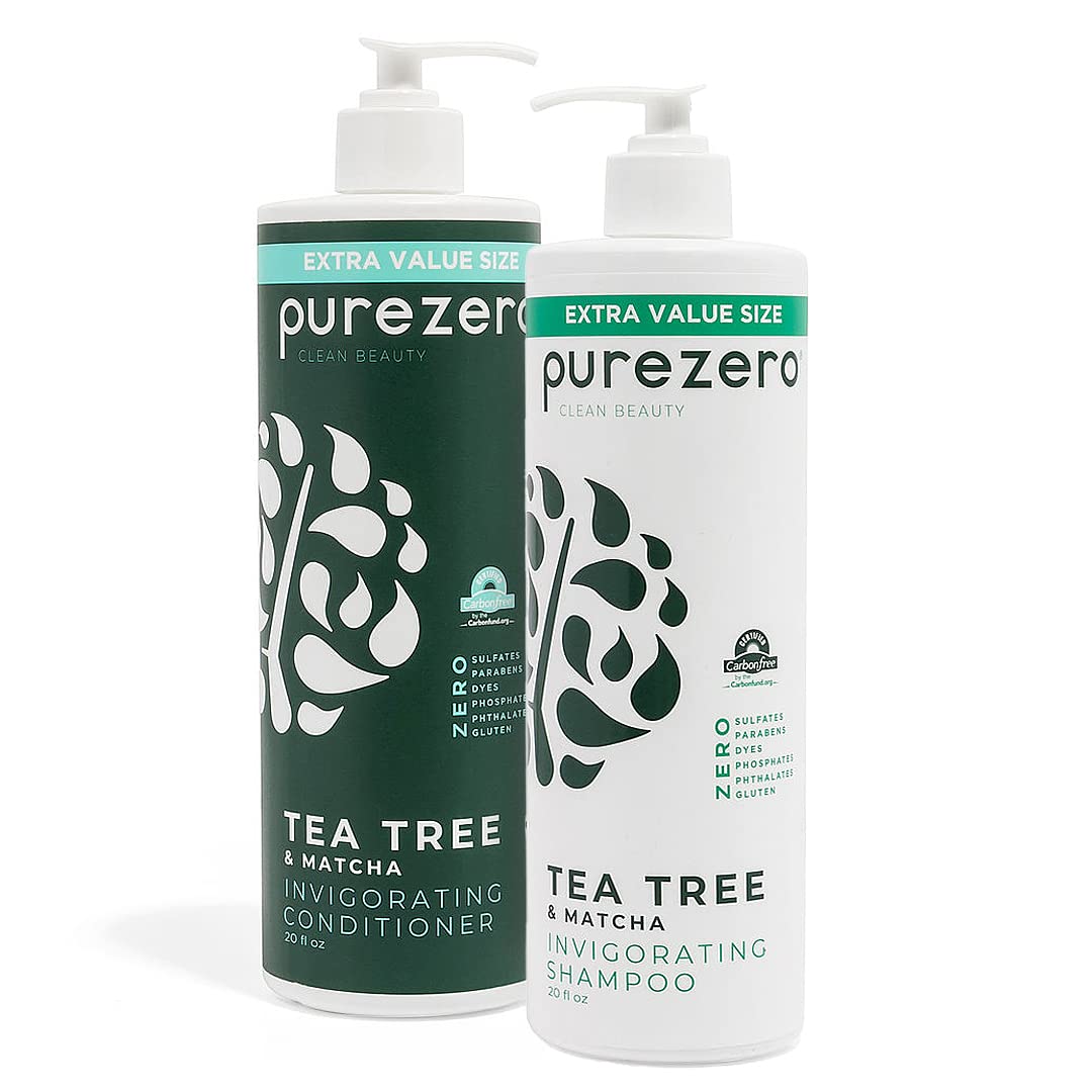 Purezero Tea Tree & Matcha shampoo bottle, invigorating scalp care.