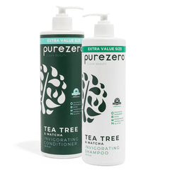 Purezero Tea Tree & Matcha shampoo bottle, invigorating scalp care.