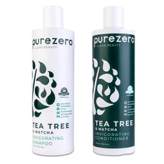 Purezero Tea Tree & Matcha Shampoo bottle demonstrates invigorating scalp care.