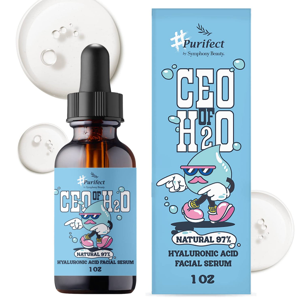 Purifect CEO of H2O serum bottle demonstrates lightweight hydration for daily use.