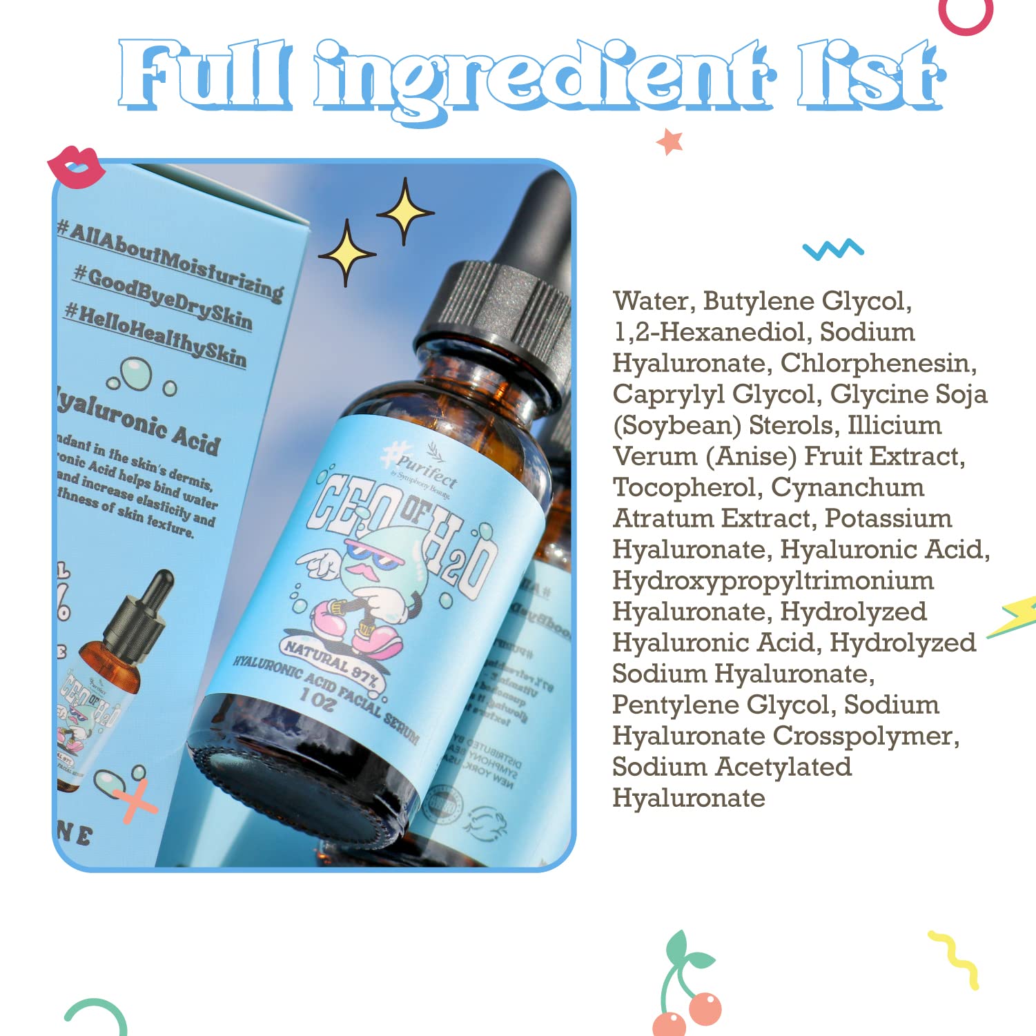 Purifect CEO of H2O serum packaging showcases USA-made, clean-ingredient promise.