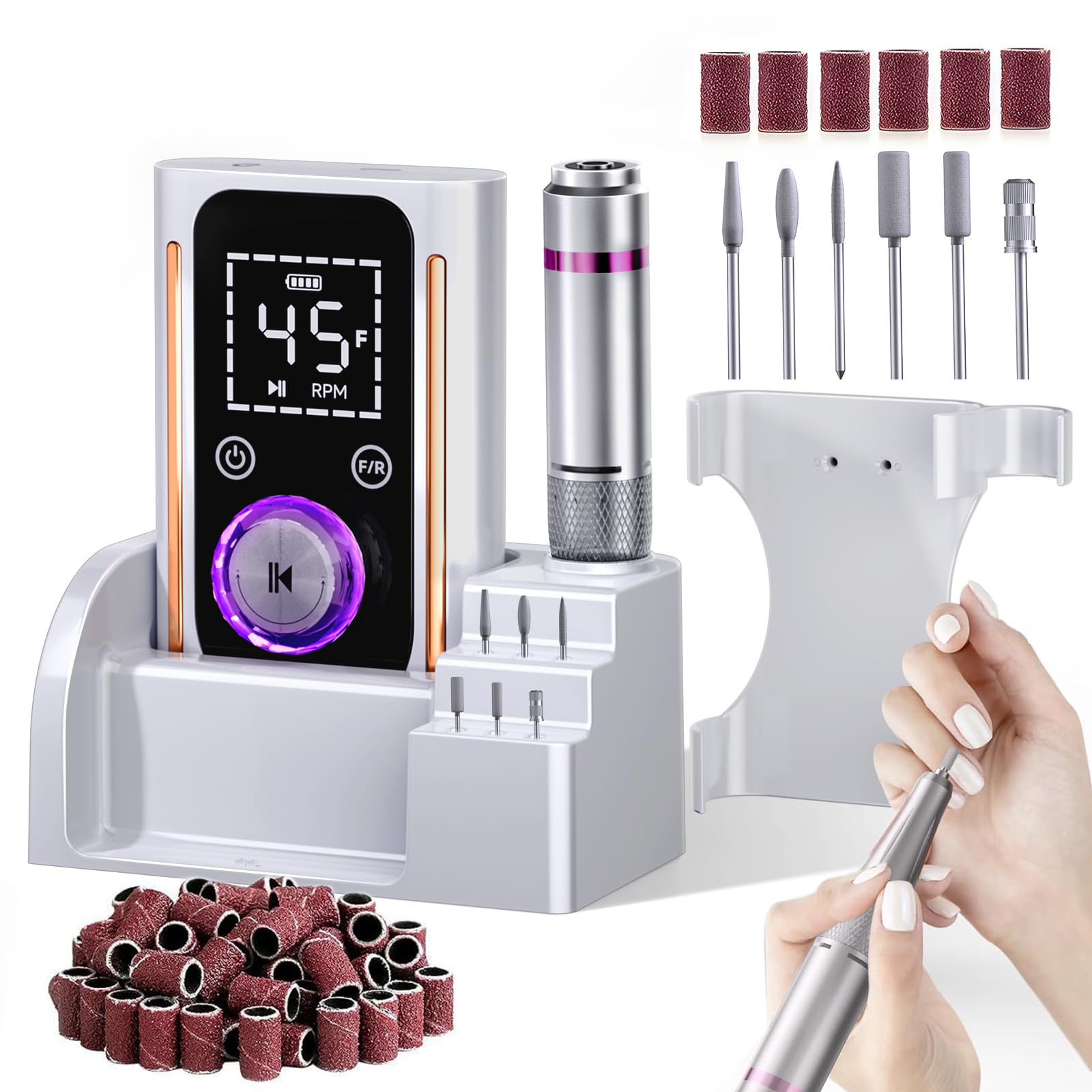 Puriom Nail Drill 45k RPM display demonstrates fast, precise acrylic polishing.