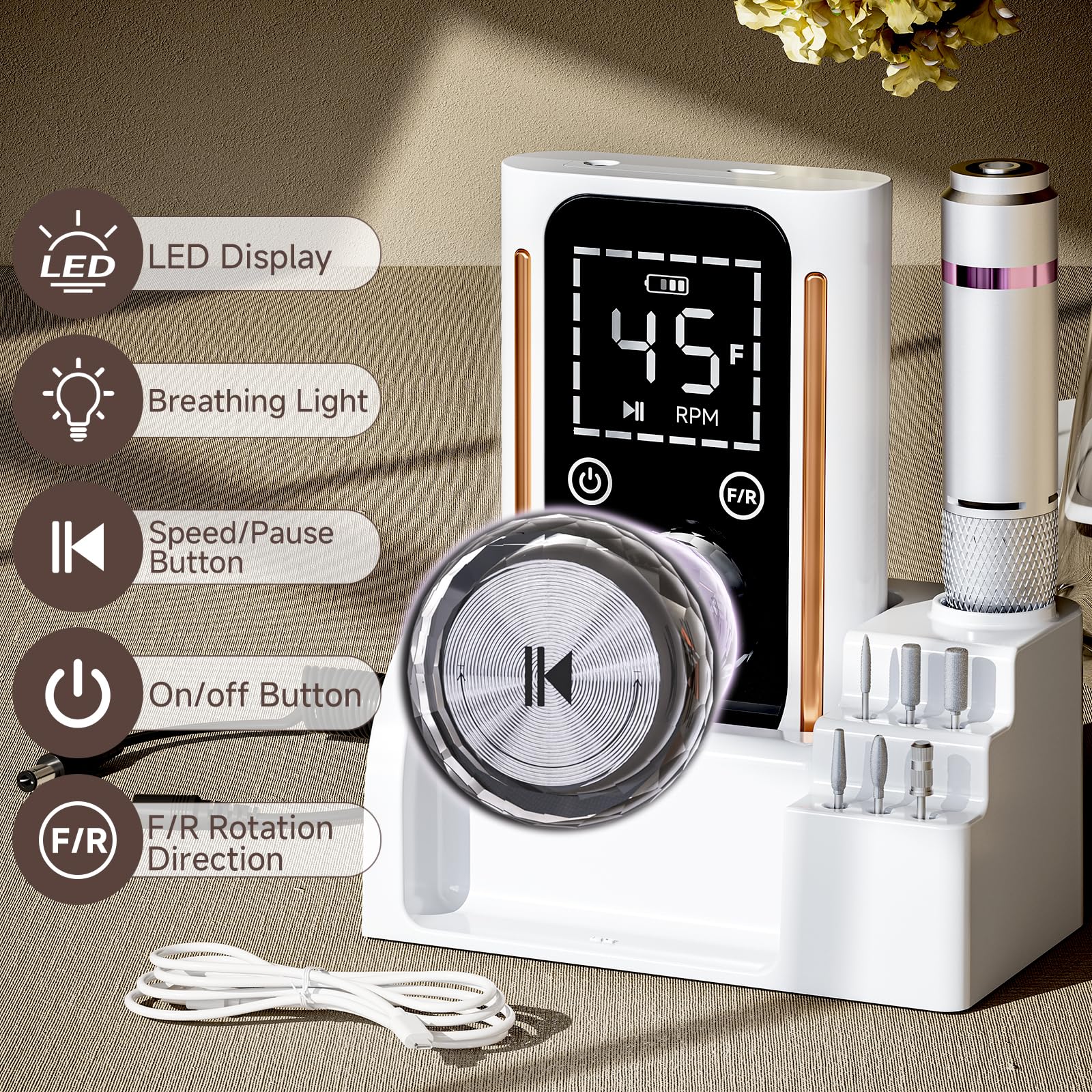 Puriom Nail Drill rechargeable battery enables cordless use during studio sessions.