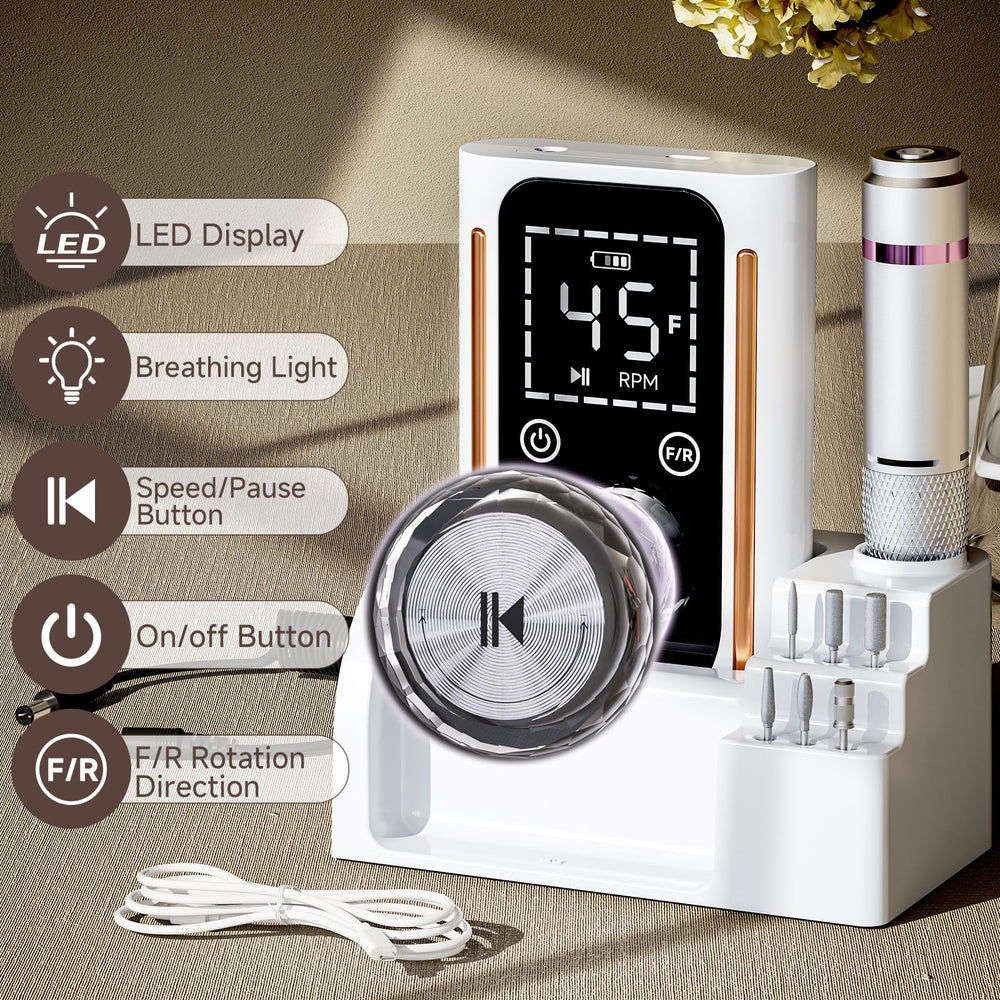 Puriom Nail Drill rechargeable battery enables cordless use during studio sessions.