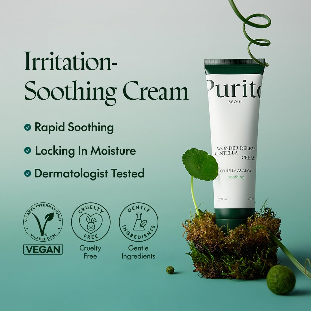 PURITO Centella Cream texture shown, delivering calming hydration for sensitive skin.