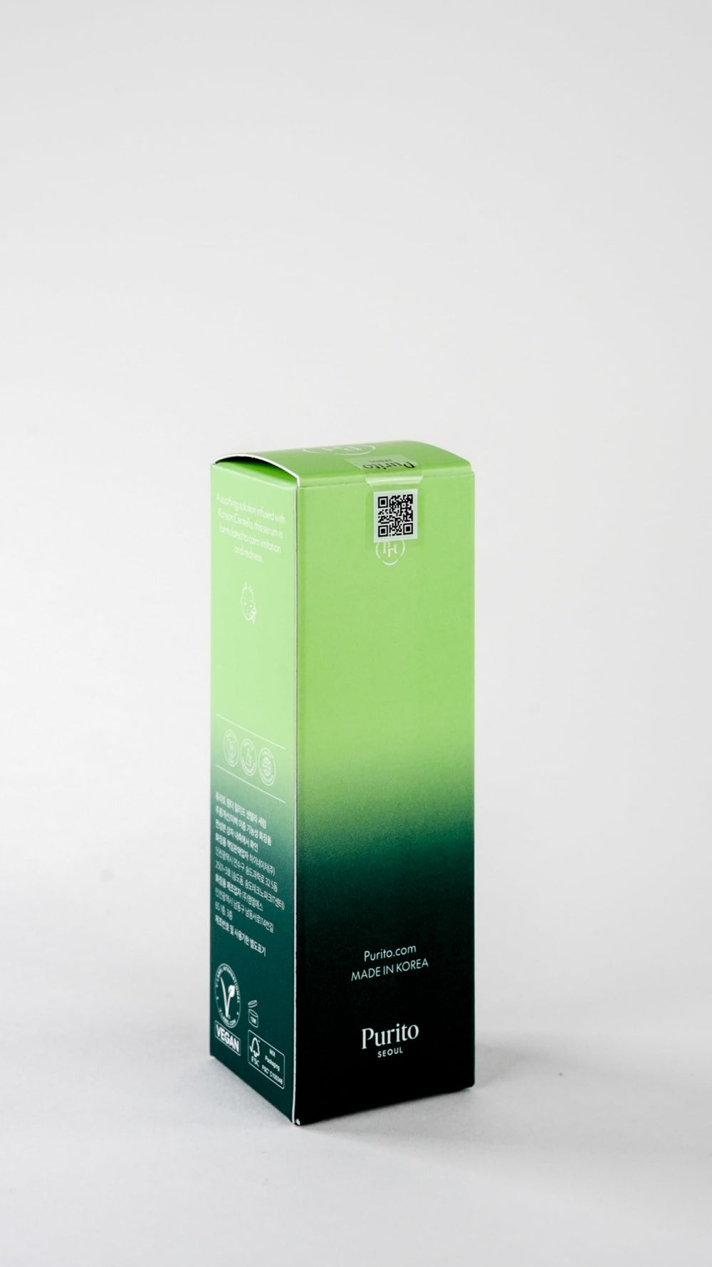 PURITO Centella Serum packaging highlighting vegan and cruelty-free Korean skincare.