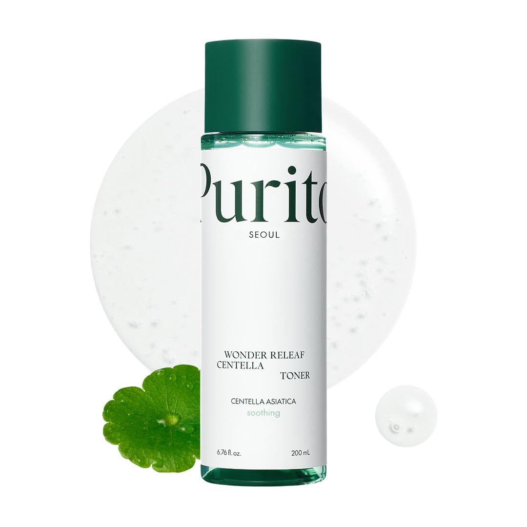 PURITO Centella Toner bottle closeup for soothing hydration boost.