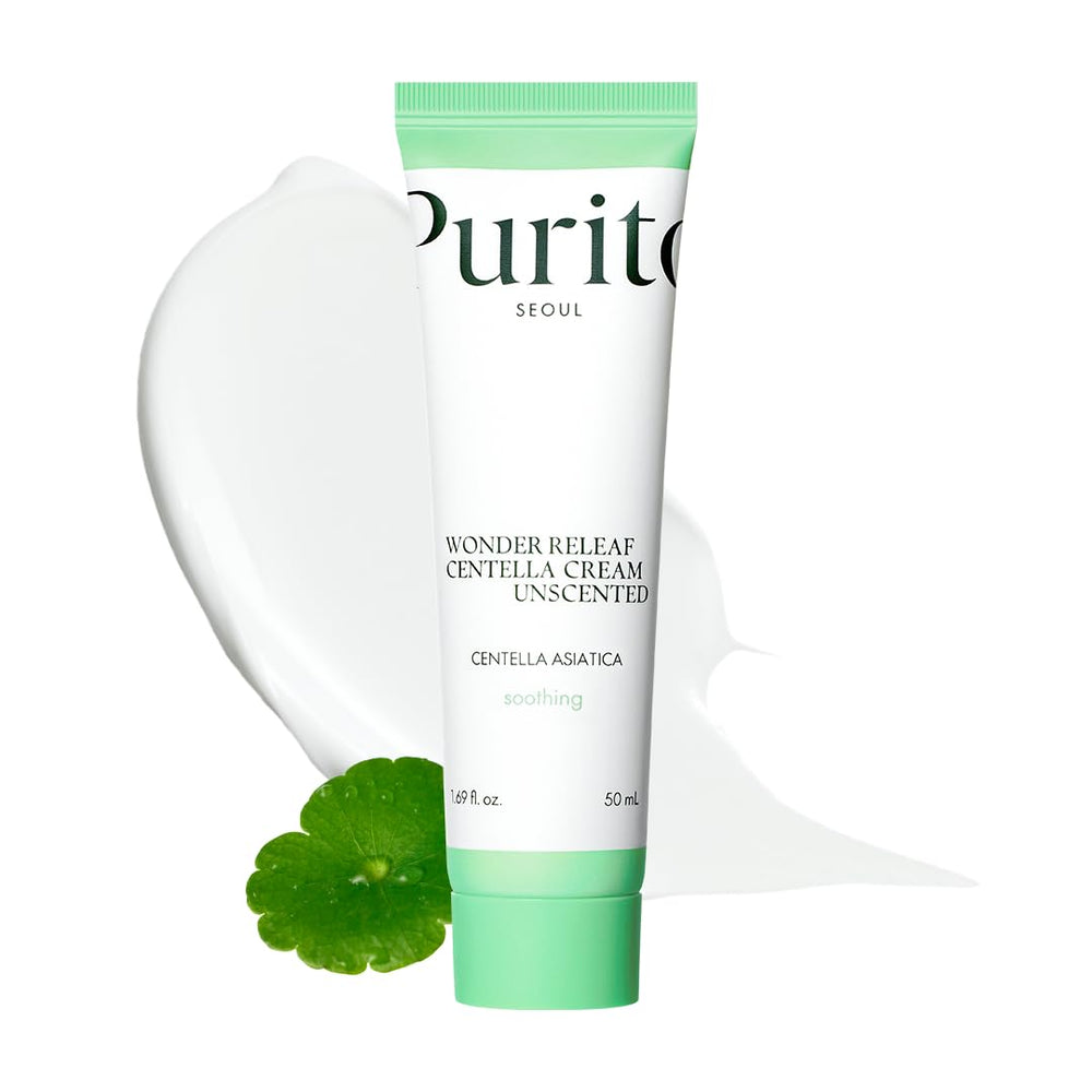Purito Centella Unscented Cream jar illustrates a soothing, fragrance-free moisturizer for sensitive skin