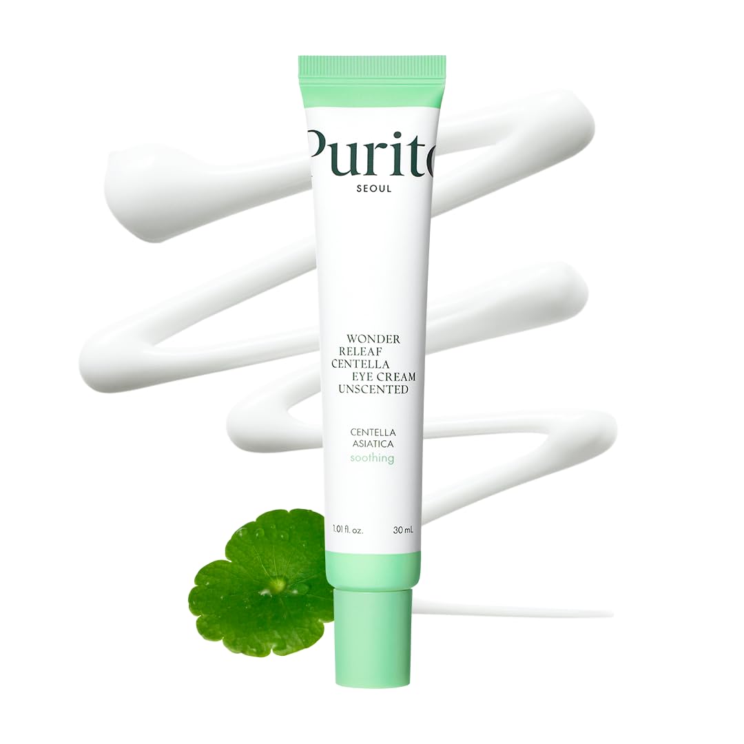 PURITO Centella Unscented Eye Cream tube-application highlights quick soothing under-eye relief.