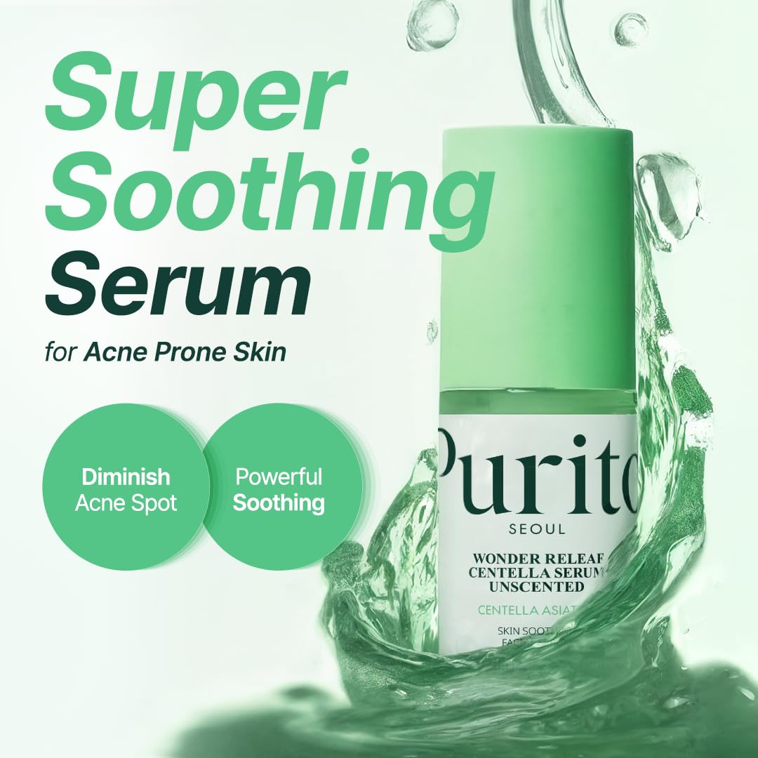 PURITO Centella Unscented Serum application on skin cooling and soothing facial care.