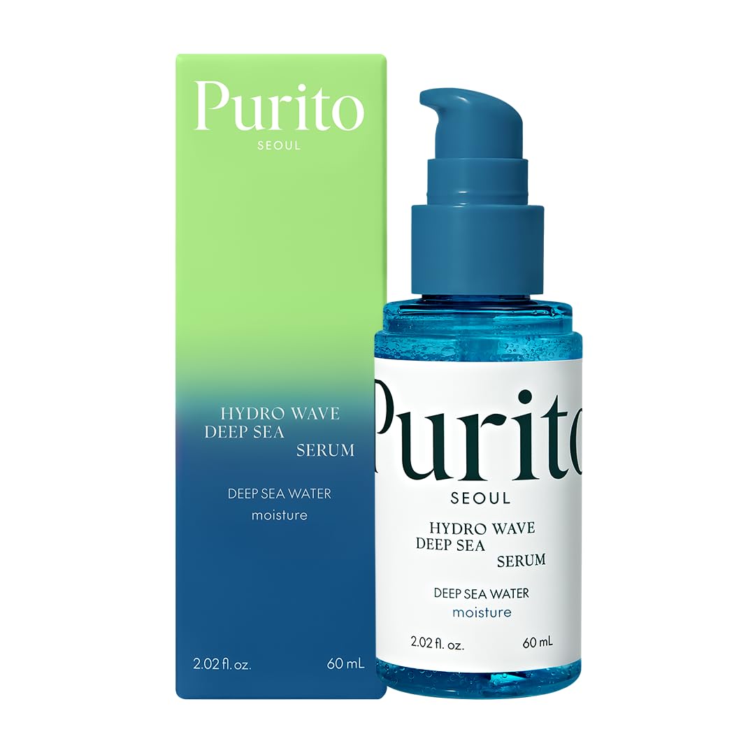 PURITO Deep Sea Serum bottle closeup showing hydrating formula for radiant skin.