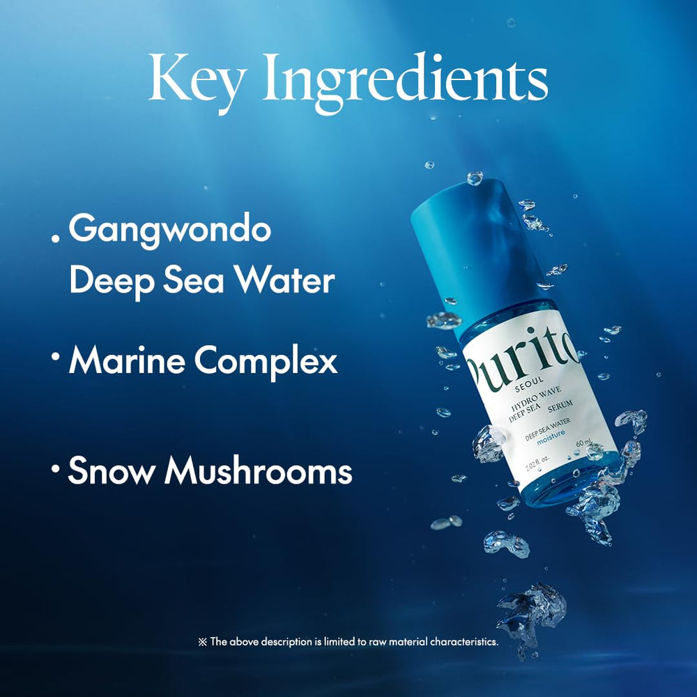 PURITO Deep Sea Serum skin-plump closeup suggests hydration boost for a refreshed look.