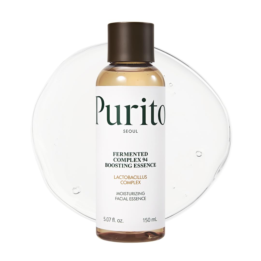 Purito Fermented Complex 94 boosting essence bottle closeup highlights packaging and hydration boost.