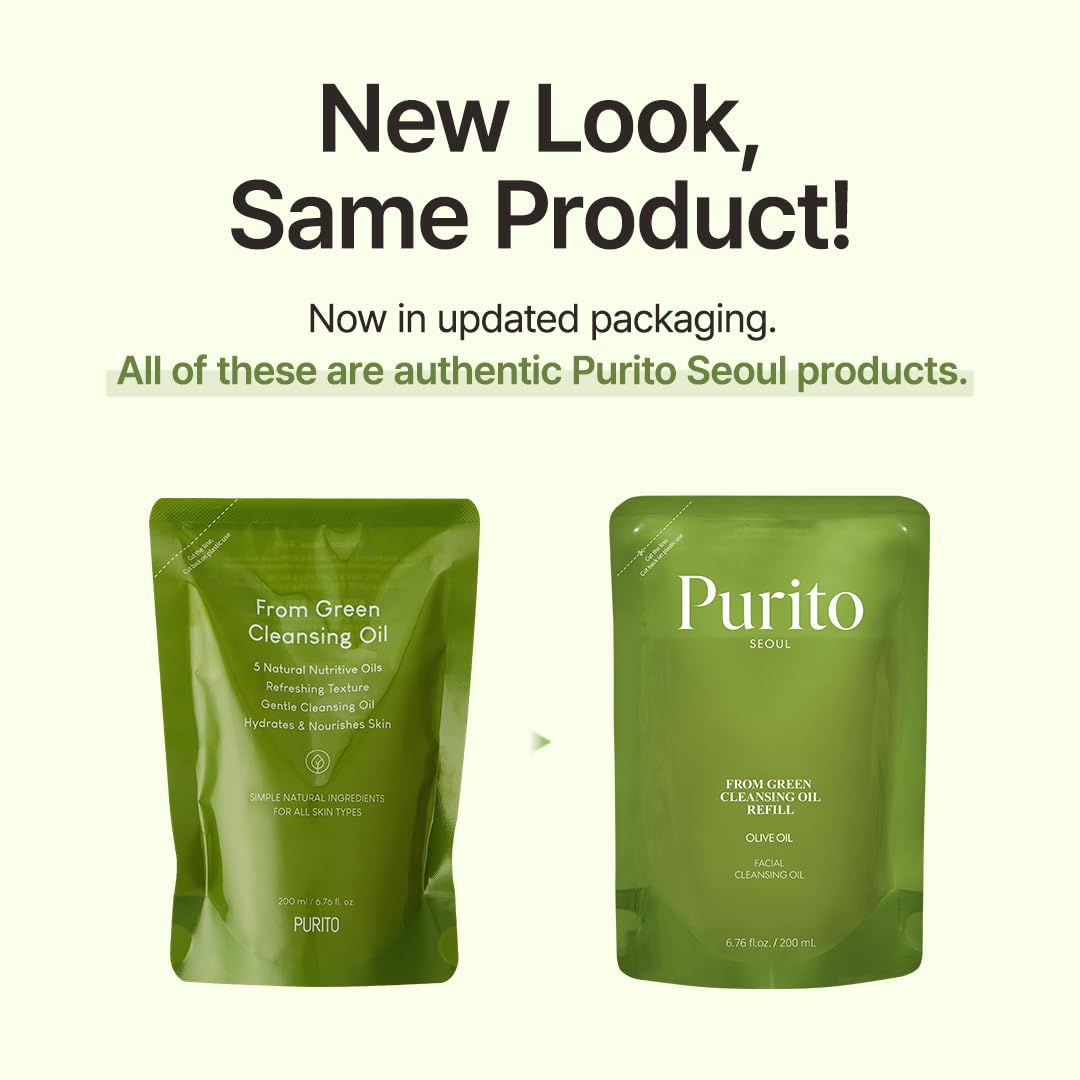 PURITO five-oil blend displays olive, almond, grapeseed, sunflower, and jojoba oils for gentle cleansing