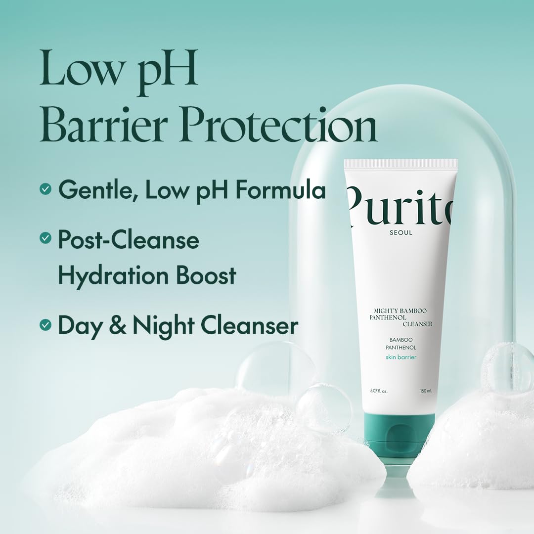 PURITO Mighty Bamboo Panthenol Cleanser hands applying product signaling post-cleanse hydration