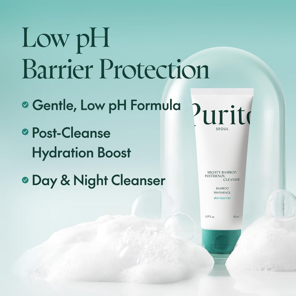 PURITO Mighty Bamboo Panthenol Cleanser hands applying product signaling post-cleanse hydration