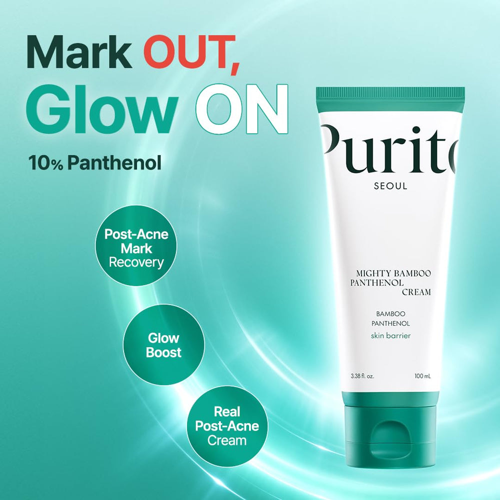 PURITO Panthenol 10% Post-Acne Cream jar on counter emphasizes barrier repair.