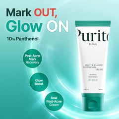 PURITO Panthenol 10% Post-Acne Cream jar on counter emphasizes barrier repair.
