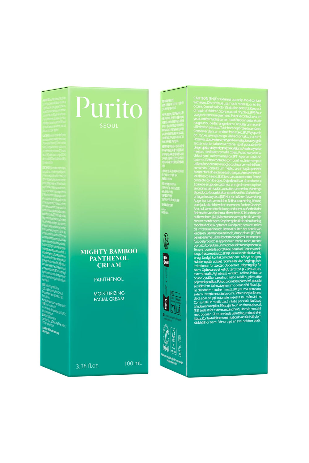 PURITO Panthenol 10% Post-Acne Cream packaging highlights fragrance-free, silicone-free formulation.