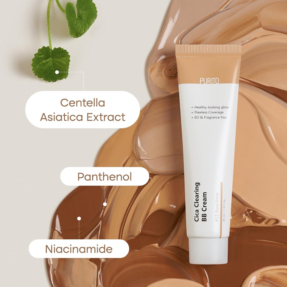 PURITO shade flatlay with makeup tools showing color matching options