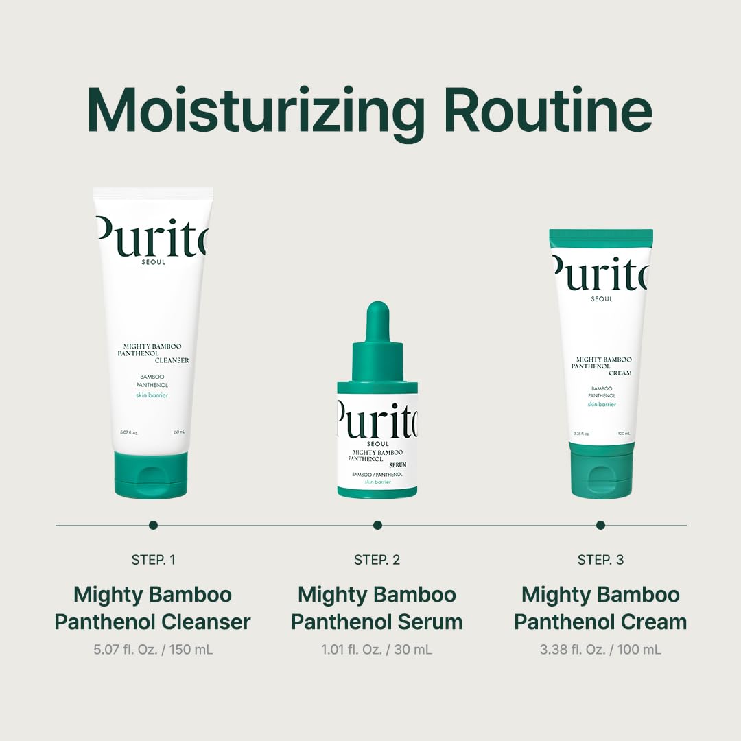 PURITO Skincare routine steps with cleanser, serum, cream.
